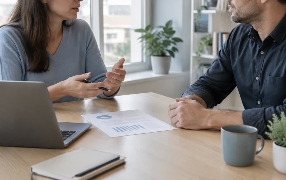 Two people reviewing a printed document together at a desk